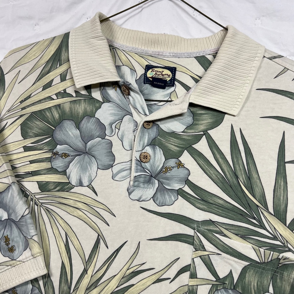 Tommy Bahama Mens Large Cream Floral Hibiscus Palm Print Cotton Polo Shirt